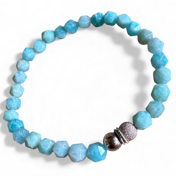 Polished Faceted 6mm Amazonite Stretch Bracelet w/ Rose Gold & Silver Spacers - Picture 1 of 6